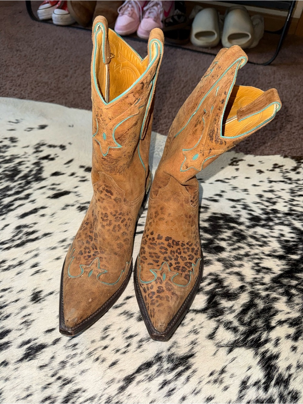 Old Gringo Brown Suede Leopard Print Western Booties with Turquoise Stitching